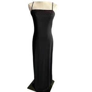 Vtg 90s Paris Sophia Black Slinky Maxi Dress Red Rhinestone Sparkle Y2K Large